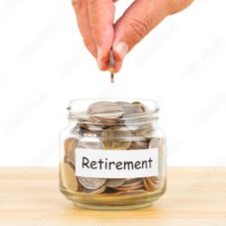 Coins being added to a jar labelled retirement